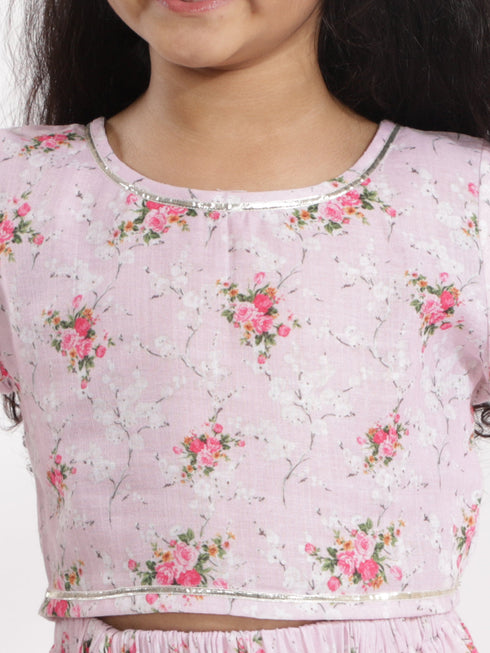 Vastramay Rose Pink Cotton Linen Floral Printed Siblings Set